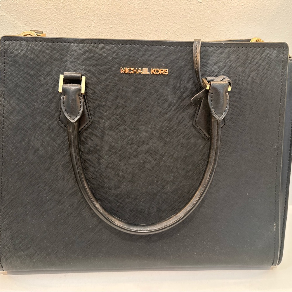 Michael Kors Sheila Medium Black Saffiano Satchel with Gold Hardware